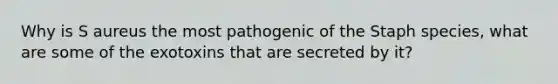 Why is S aureus the most pathogenic of the Staph species, what are some of the exotoxins that are secreted by it?