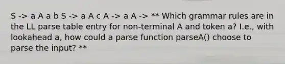 S -> a A a b S -> a A c A -> a A -> ** Which grammar rules are in the LL parse table entry for non-terminal A and token a? I.e., with lookahead a, how could a parse function parseA() choose to parse the input? **