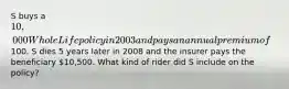 S buys a 10,000 Whole Life policy in 2003 and pays an annual premium of100. S dies 5 years later in 2008 and the insurer pays the beneficiary 10,500. What kind of rider did S include on the policy?