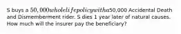 S buys a 50,000 whole life policy with a50,000 Accidental Death and Dismemberment rider. S dies 1 year later of natural causes. How much will the insurer pay the beneficiary?