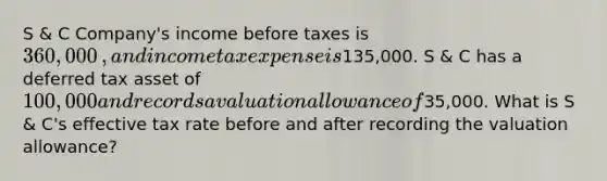 S​ & C​ Company's income before taxes is 360,000​, and income tax expense is135,000. S​ & C has a deferred tax asset of​ 100,000 and records a valuation allowance of35,000. What is S​ & C's effective tax rate before and after recording the valuation​ allowance?