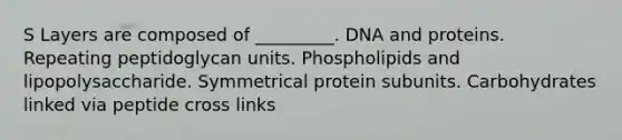 S Layers are composed of _________. DNA and proteins. Repeating peptidoglycan units. Phospholipids and lipopolysaccharide. Symmetrical protein subunits. Carbohydrates linked via peptide cross links