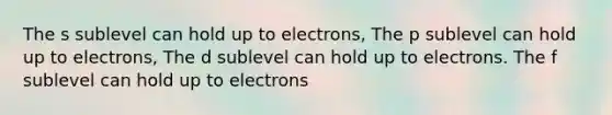 The s sublevel can hold up to electrons, The p sublevel can hold up to electrons, The d sublevel can hold up to electrons. The f sublevel can hold up to electrons