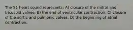 The S1 heart sound represents: A) closure of the mitral and tricuspid valves. B) the end of ventricular contraction. C) closure of the aortic and pulmonic valves. D) the beginning of atrial contraction.