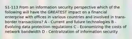 S1-113 From an information security perspective which of the following will have the GREATEST impact on a financial enterprise with offices in various countries and involved in trans-border transactions? A - Current and future technologies B - Evolving data protection regulations C - Economizing the costs of network bandwidth D - Centralization of information security