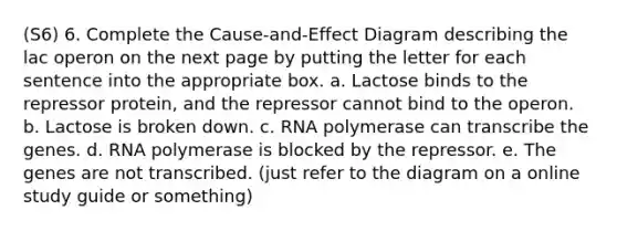 (S6) 6. Complete the Cause-and-Effect Diagram describing the lac operon on the next page by putting the letter for each sentence into the appropriate box. a. Lactose binds to the repressor protein, and the repressor cannot bind to the operon. b. Lactose is broken down. c. RNA polymerase can transcribe the genes. d. RNA polymerase is blocked by the repressor. e. The genes are not transcribed. (just refer to the diagram on a online study guide or something)