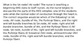 What is the SA node? AV node? The nurse is teaching a beginning EKG class to staff nurses. As the nurse begins to discuss the the parts of the EKG complex, one of the students asks what the normal order of conduction through the heart is. The correct response would be which of the following? a) SA node, AV node, bundle of His, the Purkinje fibers, and the right and left bundle branches b) SA node, AV node, right and left bundle branches, bundle of His, and the Purkinje fibers c) AV node, SA node, bundle of His, right and left bundle branches, and the Purkinje fibers d) Sinoatrial (SA) node, atrioventricular (AV) node, bundle of His, right and left bundle branches, and the Purkinje fibers