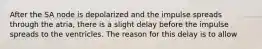 After the SA node is depolarized and the impulse spreads through the atria, there is a slight delay before the impulse spreads to the ventricles. The reason for this delay is to allow