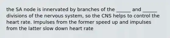 the SA node is innervated by branches of the ______ and ______ divisions of the nervous system, so the CNS helps to control the heart rate. Impulses from the former speed up and impulses from the latter slow down heart rate