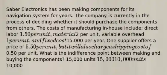 Saber Electronics has been making components for its navigation system for years. The company is currently in the process of deciding whether it should purchase the components from others. The costs of manufacturing in-house include: direct labor 1.50 per unit, material2 per unit, variable overhead 1 per unit, and fixed cost15,000 per year. One supplier offers a price of 5.50 per unit, but it will also charge a shipping cost of0.50 per unit. What is the indifference point between making and buying the components? 15,000 units 15,000 10,000 units10,000