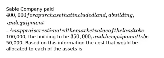 Sable Company paid 400,000 for a purchase that included land, a building, and equipment. An appraiser estimated the market value of the land to be100,000, the building to be 350,000, and the equipment to be50,000. Based on this information the cost that would be allocated to each of the assets is