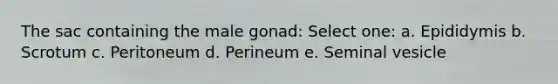 The sac containing the male gonad: Select one: a. Epididymis b. Scrotum c. Peritoneum d. Perineum e. Seminal vesicle