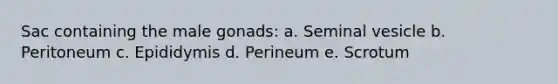 Sac containing the male gonads: a. Seminal vesicle b. Peritoneum c. Epididymis d. Perineum e. Scrotum