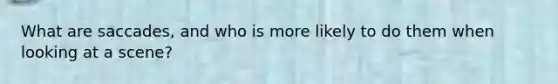 What are saccades, and who is more likely to do them when looking at a scene?