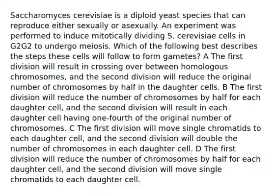 Saccharomyces cerevisiae is a diploid yeast species that can reproduce either sexually or asexually. An experiment was performed to induce mitotically dividing S. cerevisiae cells in G2G2 to undergo meiosis. Which of the following best describes the steps these cells will follow to form gametes? A The first division will result in crossing over between homologous chromosomes, and the second division will reduce the original number of chromosomes by half in the daughter cells. B The first division will reduce the number of chromosomes by half for each daughter cell, and the second division will result in each daughter cell having one-fourth of the original number of chromosomes. C The first division will move single chromatids to each daughter cell, and the second division will double the number of chromosomes in each daughter cell. D The first division will reduce the number of chromosomes by half for each daughter cell, and the second division will move single chromatids to each daughter cell.