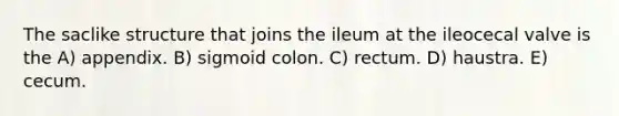 The saclike structure that joins the ileum at the ileocecal valve is the A) appendix. B) sigmoid colon. C) rectum. D) haustra. E) cecum.