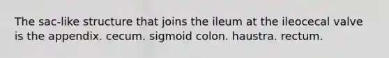 The sac-like structure that joins the ileum at the ileocecal valve is the appendix. cecum. sigmoid colon. haustra. rectum.