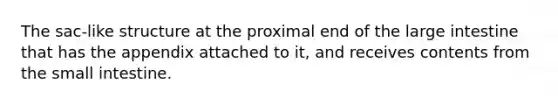 The sac-like structure at the proximal end of the large intestine that has the appendix attached to it, and receives contents from the small intestine.