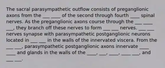 The sacral parasympathetic outflow consists of preganglionic axons from the ___ ____ of the second through fourth ____ spinal nerves. As the preganglionic axons course through the ___ ____ ___, they branch off these nerves to form ___ ___ nerves. ___ ___ nerves synapse with parasympathetic postganglionic neurons located in ___ ___ in the walls of the innervated viscera. From the ___ ___, parasympathetic postganglionic axons innervate ____ ____ and glands in the walls of the ____, ___, ____, ____ ___, and ___ ___.