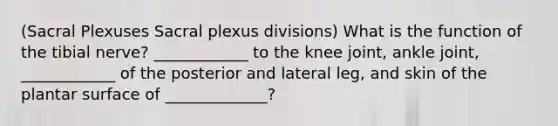 (Sacral Plexuses Sacral plexus divisions) What is the function of the tibial nerve? ____________ to the knee joint, ankle joint, ____________ of the posterior and lateral leg, and skin of the plantar surface of _____________?