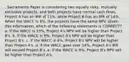 . Sacramento Paper is considering two equally risky, mutually exclusive projects, and both projects have normal cash flows. Project A has an IRR of 11%, while Project B has an IRR of 14%. When the WACC is 8%, the projects have the same NPV. Given this information, which of the following statements is CORRECT? a. If the WACC is 13%, Project A's NPV will be higher than Project B's. b. If the WACC is 9%, Project A's NPV will be higher than Project B's. c. If the WACC is 6%, Project B's NPV will be higher than Project A's. d. If the WACC goes over 14%, Project A's IRR will exceed Project B's. e. If the WACC is 9%, Project B's NPV will be higher than Project A's.