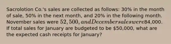 Sacrolotion Co.'s sales are collected as follows: 30% in the month of sale, 50% in the next month, and 20% in the following month. November sales were 52,500, and December sales were84,000. If total sales for January are budgeted to be 50,000, what are the expected cash receipts for January?