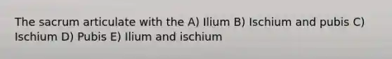 The sacrum articulate with the A) Ilium B) Ischium and pubis C) Ischium D) Pubis E) Ilium and ischium