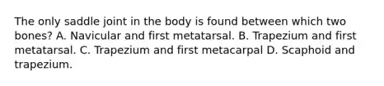 The only saddle joint in the body is found between which two bones? A. Navicular and first metatarsal. B. Trapezium and first metatarsal. C. Trapezium and first metacarpal D. Scaphoid and trapezium.