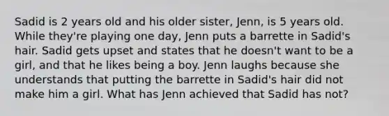 Sadid is 2 years old and his older sister, Jenn, is 5 years old. While they're playing one day, Jenn puts a barrette in Sadid's hair. Sadid gets upset and states that he doesn't want to be a girl, and that he likes being a boy. Jenn laughs because she understands that putting the barrette in Sadid's hair did not make him a girl. What has Jenn achieved that Sadid has not?