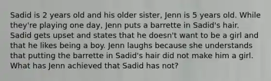 Sadid is 2 years old and his older sister, Jenn is 5 years old. While they're playing one day, Jenn puts a barrette in Sadid's hair. Sadid gets upset and states that he doesn't want to be a girl and that he likes being a boy. Jenn laughs because she understands that putting the barrette in Sadid's hair did not make him a girl. What has Jenn achieved that Sadid has not?