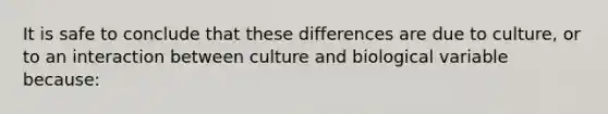 It is safe to conclude that these differences are due to culture, or to an interaction between culture and biological variable because: