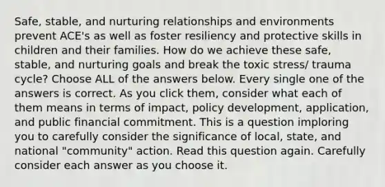 Safe, stable, and nurturing relationships and environments prevent ACE's as well as foster resiliency and protective skills in children and their families. How do we achieve these safe, stable, and nurturing goals and break the toxic stress/ trauma cycle? Choose ALL of the answers below. Every single one of the answers is correct. As you click them, consider what each of them means in terms of impact, policy development, application, and public financial commitment. This is a question imploring you to carefully consider the significance of local, state, and national "community" action. Read this question again. Carefully consider each answer as you choose it.