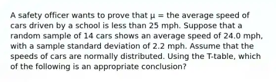 A safety officer wants to prove that μ = the average speed of cars driven by a school is less than 25 mph. Suppose that a random sample of 14 cars shows an average speed of 24.0 mph, with a sample standard deviation of 2.2 mph. Assume that the speeds of cars are normally distributed. Using the T-table, which of the following is an appropriate conclusion?