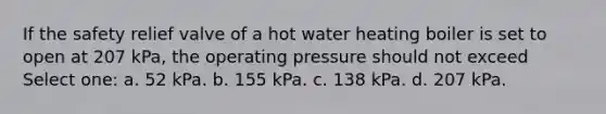 If the safety relief valve of a hot water heating boiler is set to open at 207 kPa, the operating pressure should not exceed Select one: a. 52 kPa. b. 155 kPa. c. 138 kPa. d. 207 kPa.