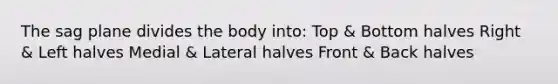 The sag plane divides the body into: Top & Bottom halves Right & Left halves Medial & Lateral halves Front & Back halves