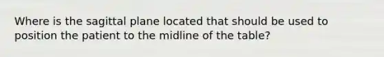 Where is the sagittal plane located that should be used to position the patient to the midline of the table?