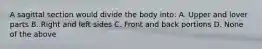 A sagittal section would divide the body into: A. Upper and lover parts B. Right and left sides C. Front and back portions D. None of the above