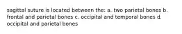 sagittal suture is located between the: a. two parietal bones b. frontal and parietal bones c. occipital and temporal bones d. occipital and parietal bones