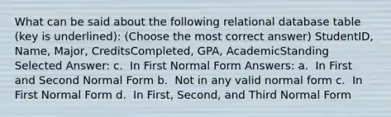 What can be said about the following relational database table (key is underlined): (Choose the most correct answer) StudentID, Name, Major, CreditsCompleted, GPA, AcademicStanding Selected Answer: c. ​ In First Normal Form Answers: a. ​ In First and Second Normal Form b. ​ Not in any valid normal form c. ​ In First Normal Form d. ​​ In First, Second, and Third Normal Form