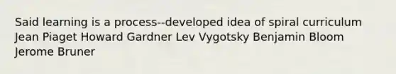 Said learning is a process--developed idea of spiral curriculum Jean Piaget Howard Gardner Lev Vygotsky Benjamin Bloom Jerome Bruner