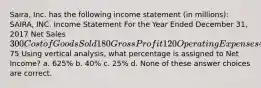 Saira, Inc. has the following income statement (in millions): SAIRA, INC. Income Statement For the Year Ended December 31, 2017 Net Sales 300 Cost of Goods Sold 180 Gross Profit 120 Operating Expenses 45 Net Income75 Using vertical analysis, what percentage is assigned to Net Income? a. 625% b. 40% c. 25% d. None of these answer choices are correct.