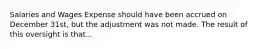 Salaries and Wages Expense should have been accrued on December 31st, but the adjustment was not made. The result of this oversight is that...