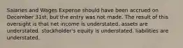 Salaries and Wages Expense should have been accrued on December 31st, but the entry was not made. The result of this oversight is that net income is understated. assets are understated. stockholder's equity is understated. liabilities are understated.