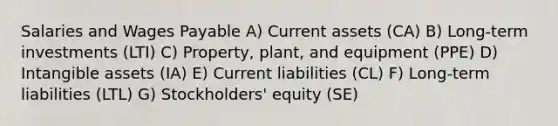 Salaries and Wages Payable A) Current assets (CA) B) Long-term investments (LTI) C) Property, plant, and equipment (PPE) D) <a href='https://www.questionai.com/knowledge/kfaeAOzavC-intangible-assets' class='anchor-knowledge'>intangible assets</a> (IA) E) Current liabilities (CL) F) Long-term liabilities (LTL) G) Stockholders' equity (SE)