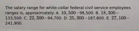 The salary range for white-collar federal civil service employees ranges is, approximately: A. 10,500-98,500. B. 18,300-133,500. C. 22,300-94,700. D. 25,300-187,600. E. 27,100-241,900.