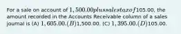 For a sale on account of 1,500.00 plus sales tax of105.00, the amount recorded in the Accounts Receivable column of a sales journal is (A) 1,605.00. (B)1,500.00. (C) 1,395.00. (D)105.00.