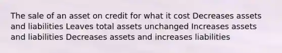 The sale of an asset on credit for what it cost Decreases assets and liabilities Leaves total assets unchanged Increases assets and liabilities Decreases assets and increases liabilities