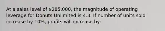 At a sales level of 285,000, the magnitude of operating leverage for Donuts Unlimited is 4.3. If number of units sold increase by 10%, profits will increase by: