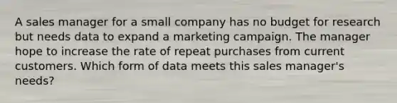 A sales manager for a small company has no budget for research but needs data to expand a marketing campaign. The manager hope to increase the rate of repeat purchases from current customers. Which form of data meets this sales manager's needs?