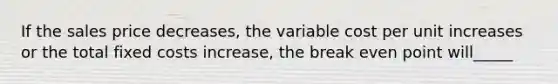 If the sales price decreases, the variable cost per unit increases or the total fixed costs increase, the break even point will_____